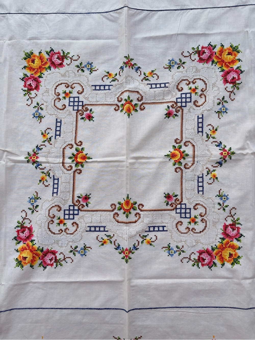 Vintage hand Embroidered Floral Tablecloth with Cross Stitch Border 40X40 in.